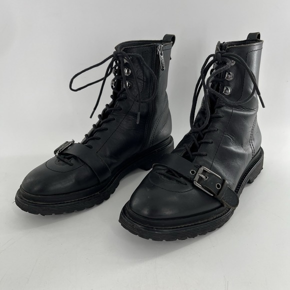 Franco Sarto Booties Ankle Boot Block Heel Buckle Lace Zip Moto Black 8.5 Goth - Picture 4 of 16